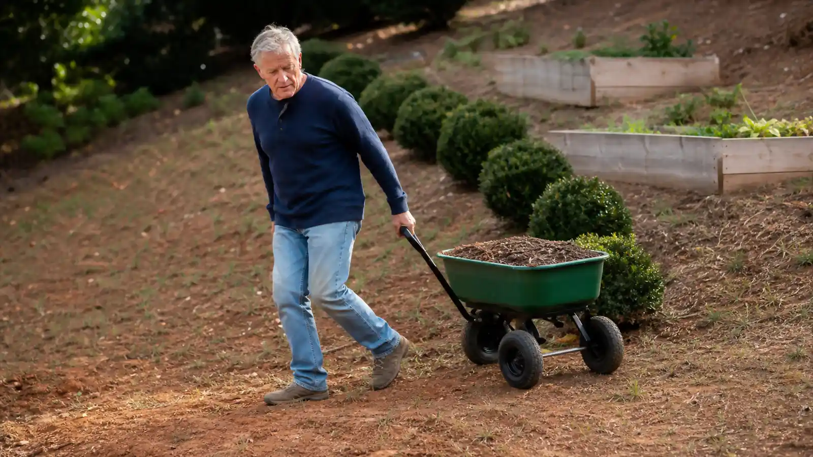 A retired man pulls a green two-wheel poly dump cart loaded with mulch across a sloped red clay yard toward two raised garden beds.