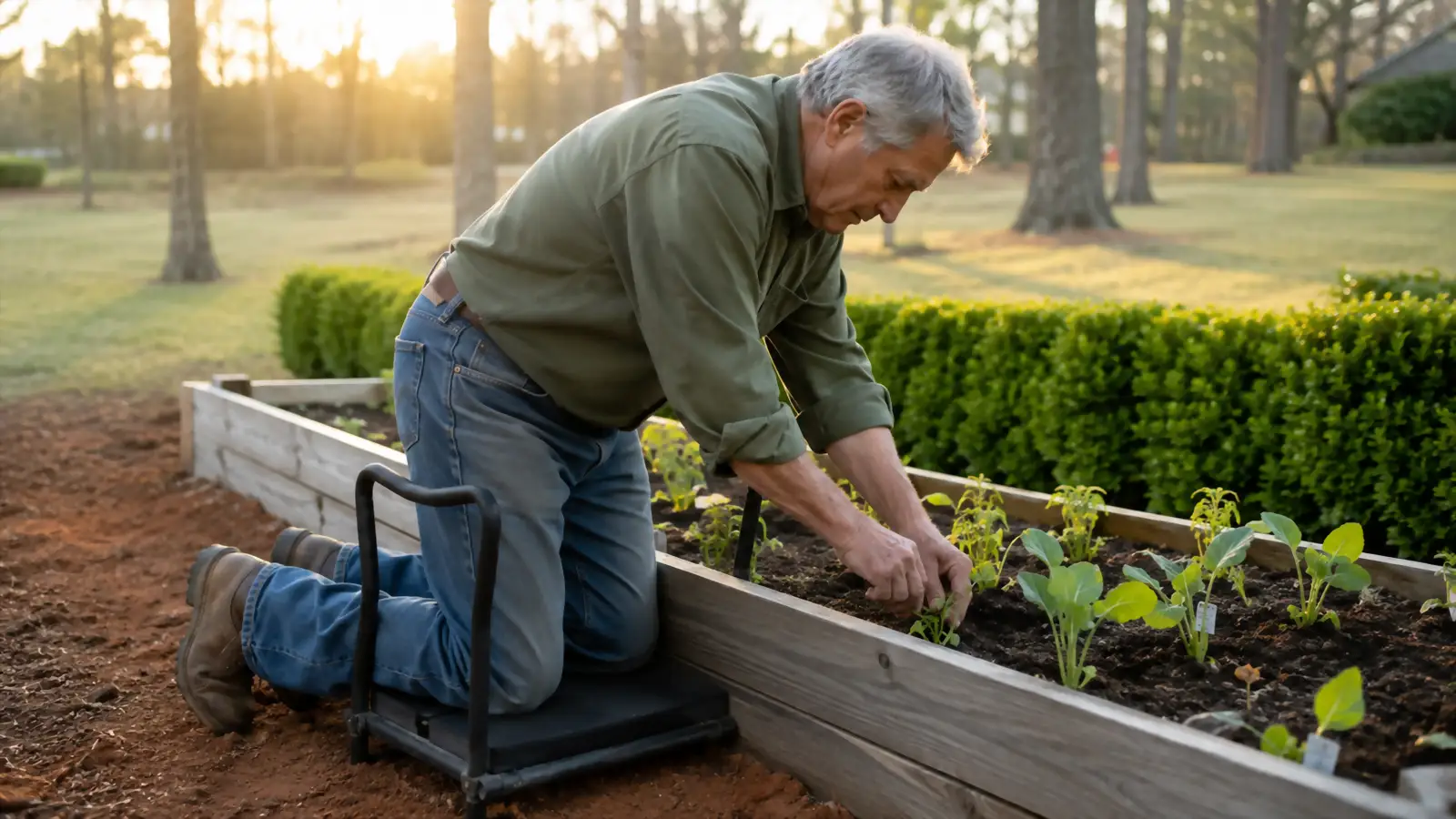 A retired man kneels on a padded garden kneeler beside a wooden raised bed, working the soil with a hand trowel in early morning light.