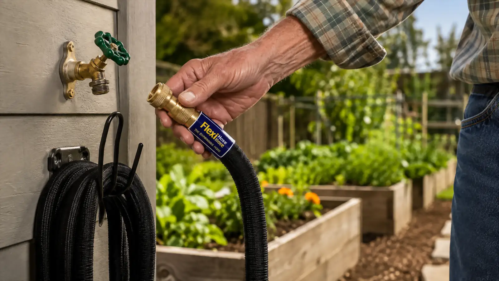 A hand pulling the brass fitting of a green expandable hose off a spigot hook to start watering.