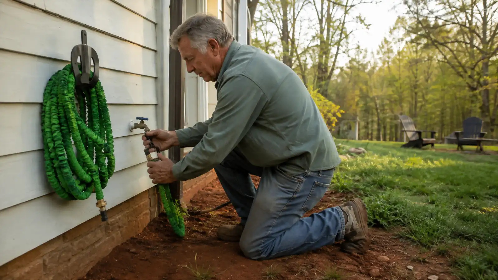 A green expandable garden hose coiled loosely on a hook mounted right beside an outdoor spigot.