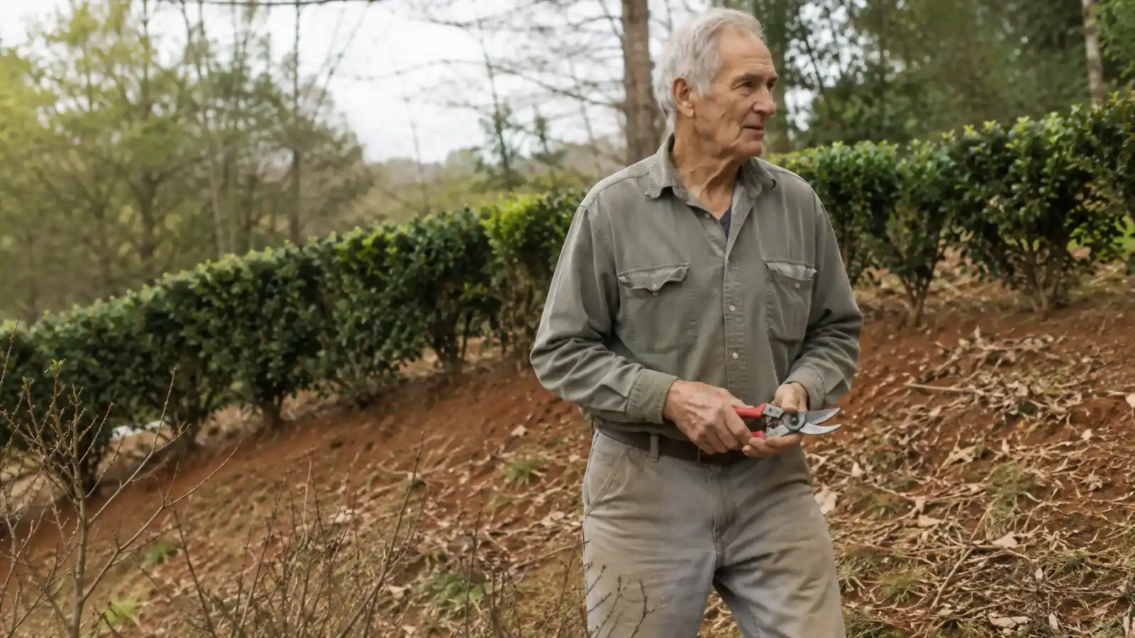 A retired man in a flannel shirt stands on a sloped red clay yard holding a pair of red-handled bypass pruning shears, morning light behind him.