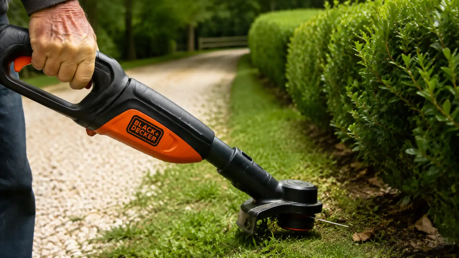 Close-up of a hand on the trigger of a black and orange string trimmer, auto feed spool visible at the base, boxwoods in the background.