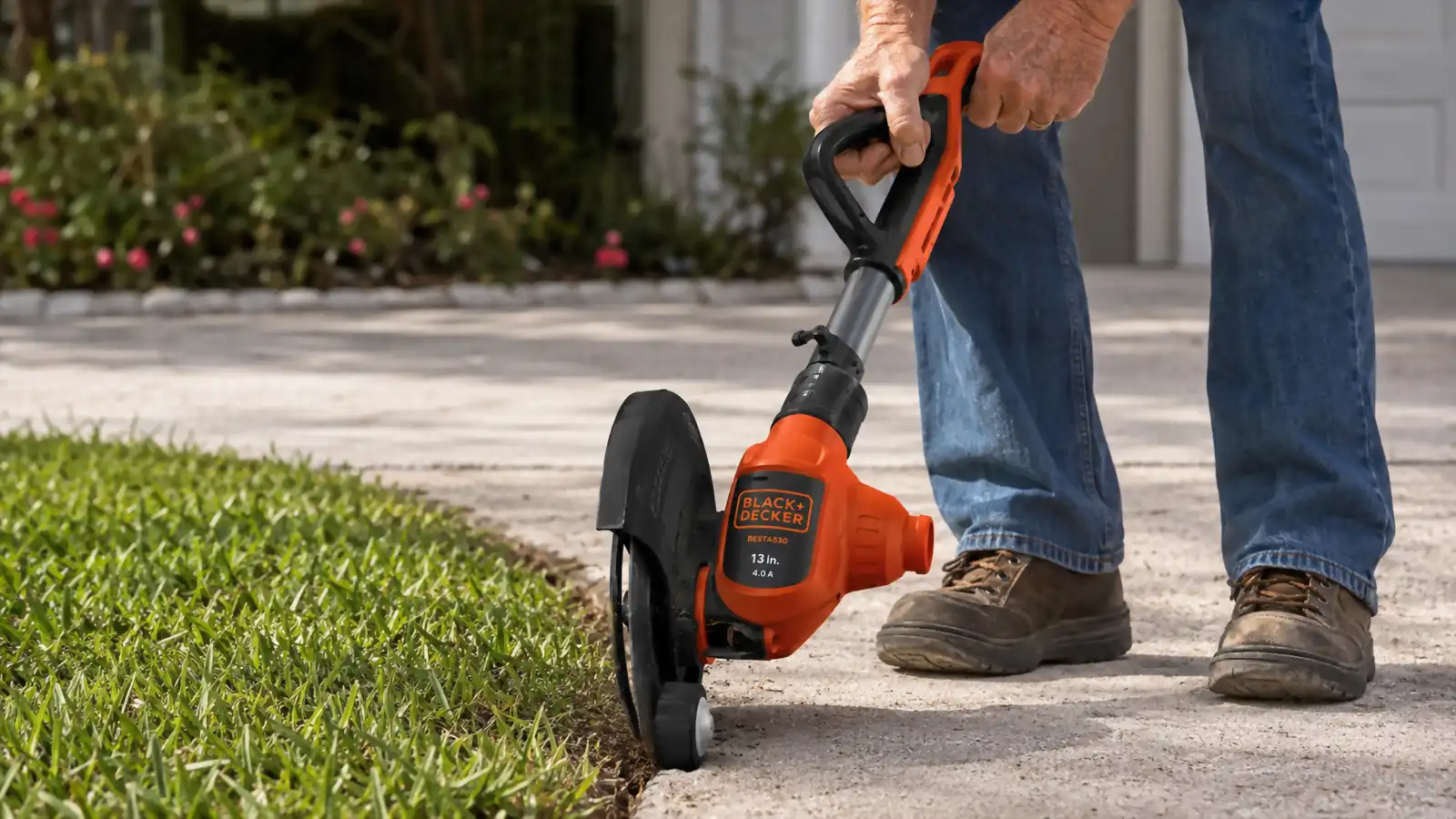 The same trimmer tilted upright and rotated into edger mode, cutting a clean line along a concrete driveway edge.