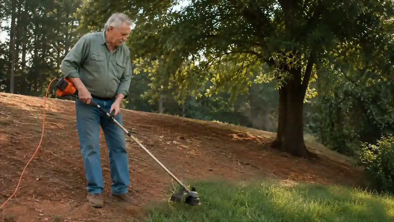 A retired man trims tall grass along a red clay slope with a black and orange string trimmer, morning light behind him.