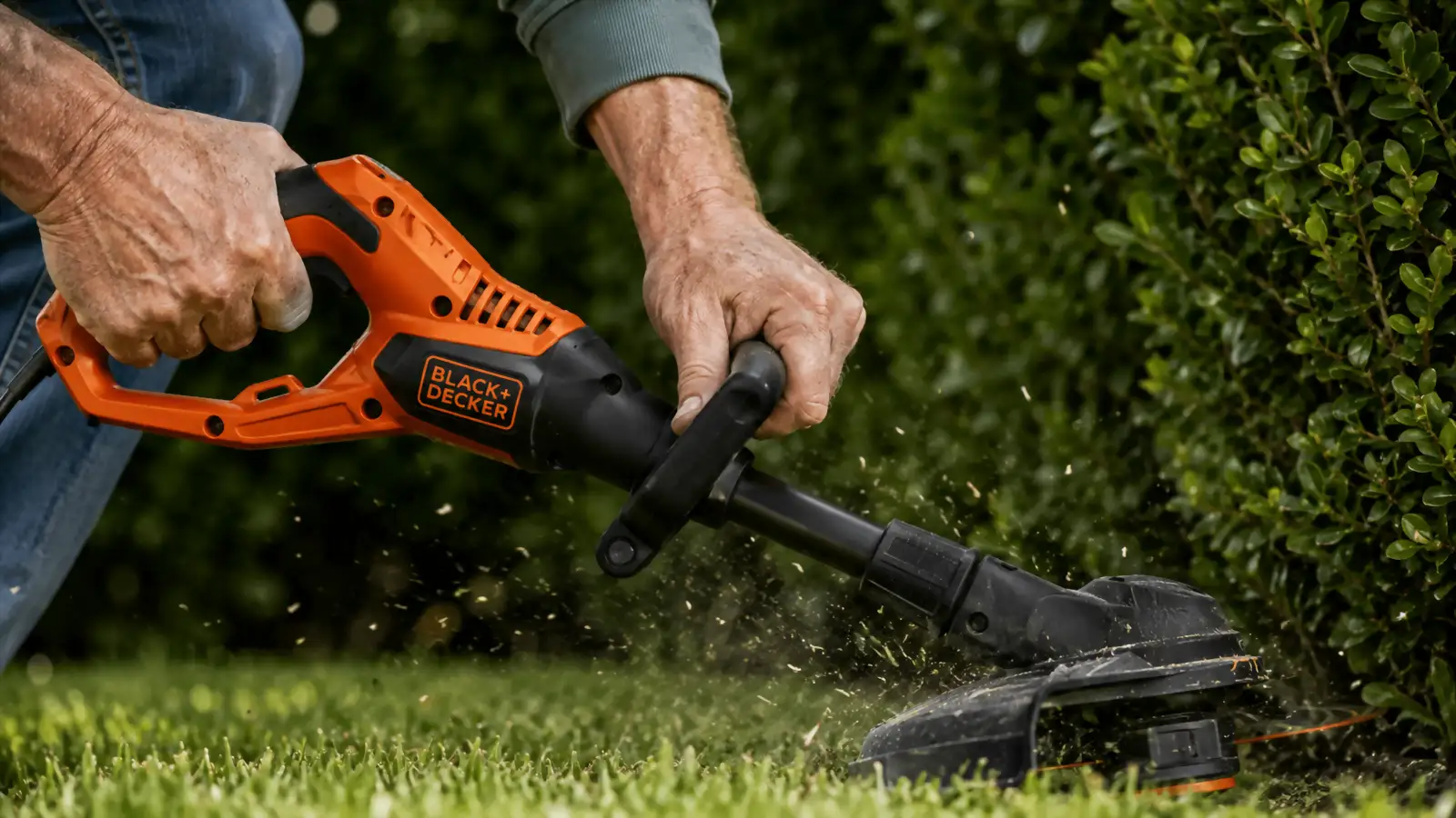 Close-up of hands gripping the trigger and front handle of a string trimmer while cutting grass near a boxwood row
