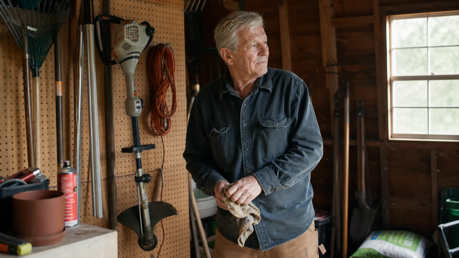 An electric string trimmer hanging on a pegboard wall inside a garden shed next to a coiled extension cord