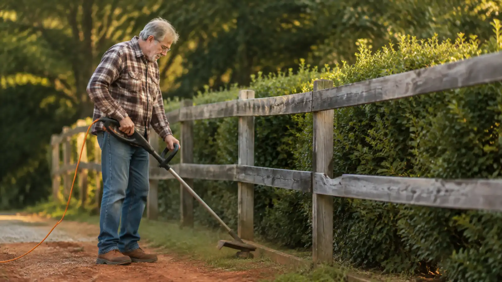 A 71-year-old man trimming grass along a fence line with a lightweight electric string trimmer