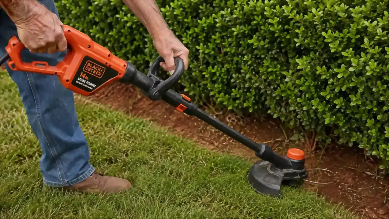 Close-up of the trimmer head with auto feed line trimming along a boxwood hedge row