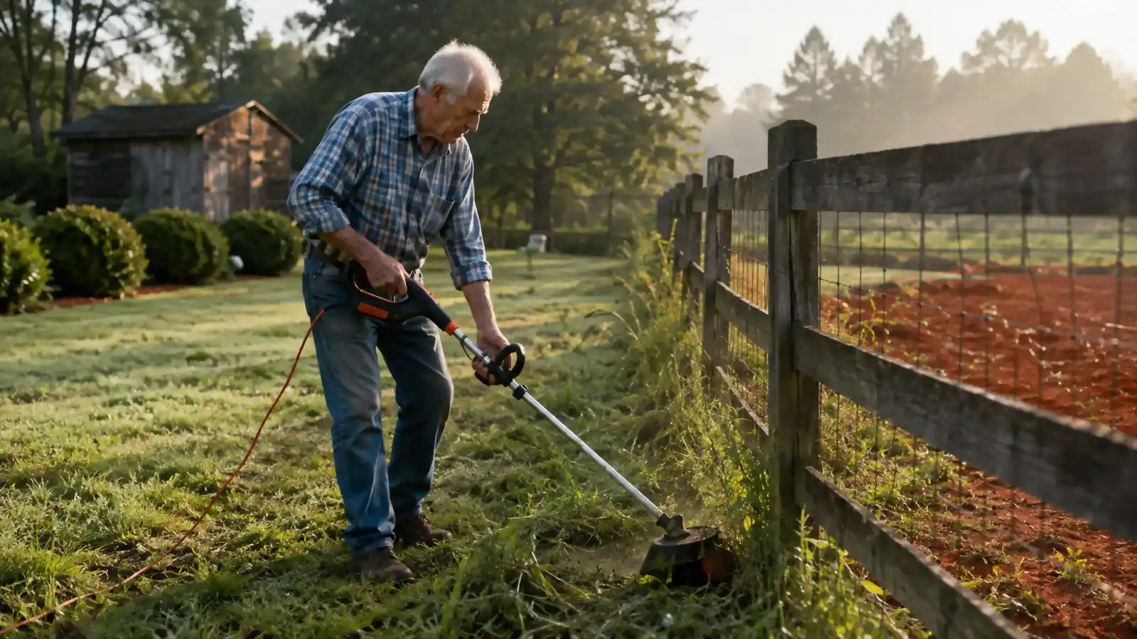 Man trimming tall grass along a chain link fence line with a corded string trimmer, red clay soil visible underfoot