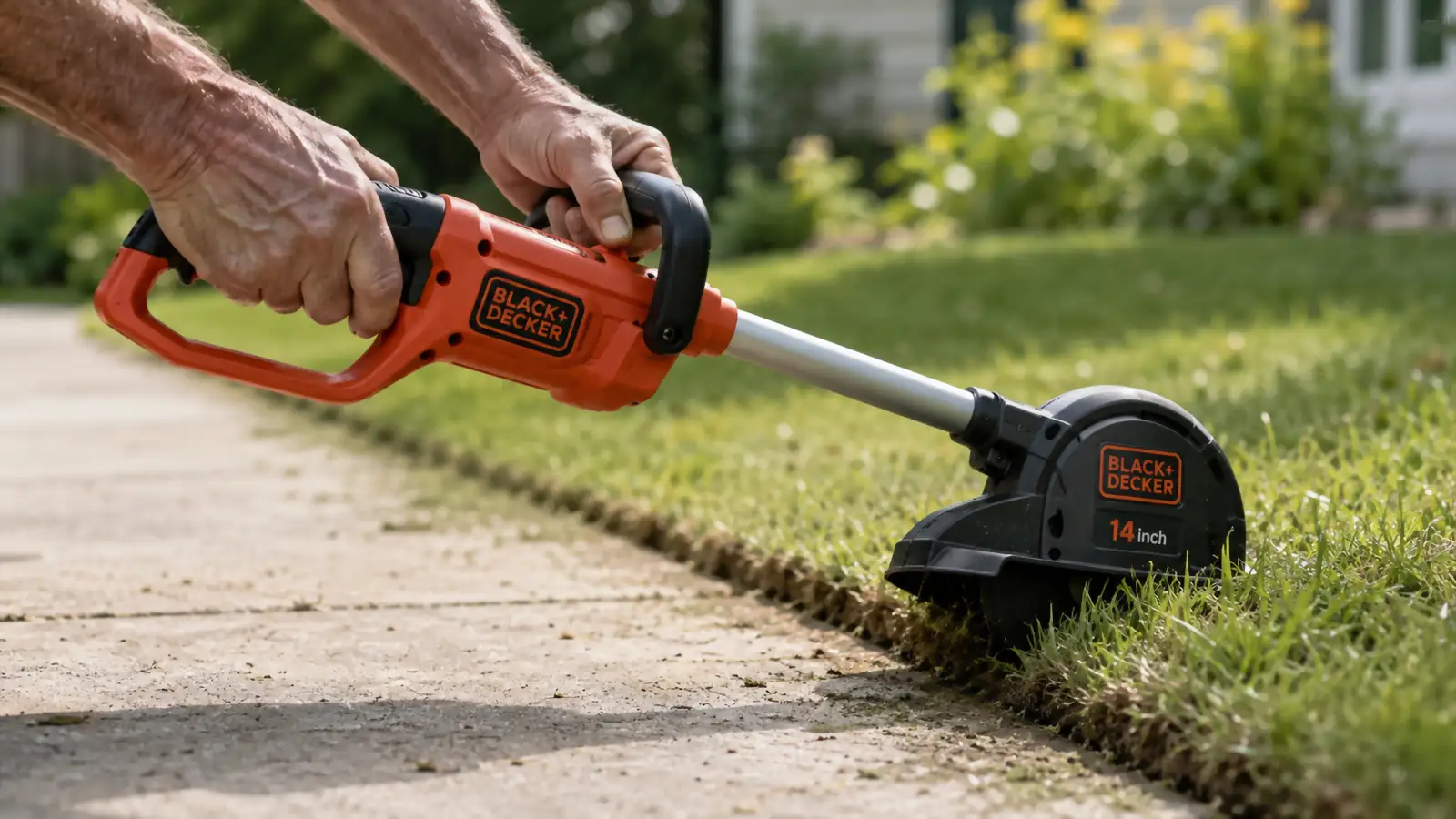 Older man's hands gripping the BLACK+DECKER trimmer, rotated into edger position along a concrete walkway