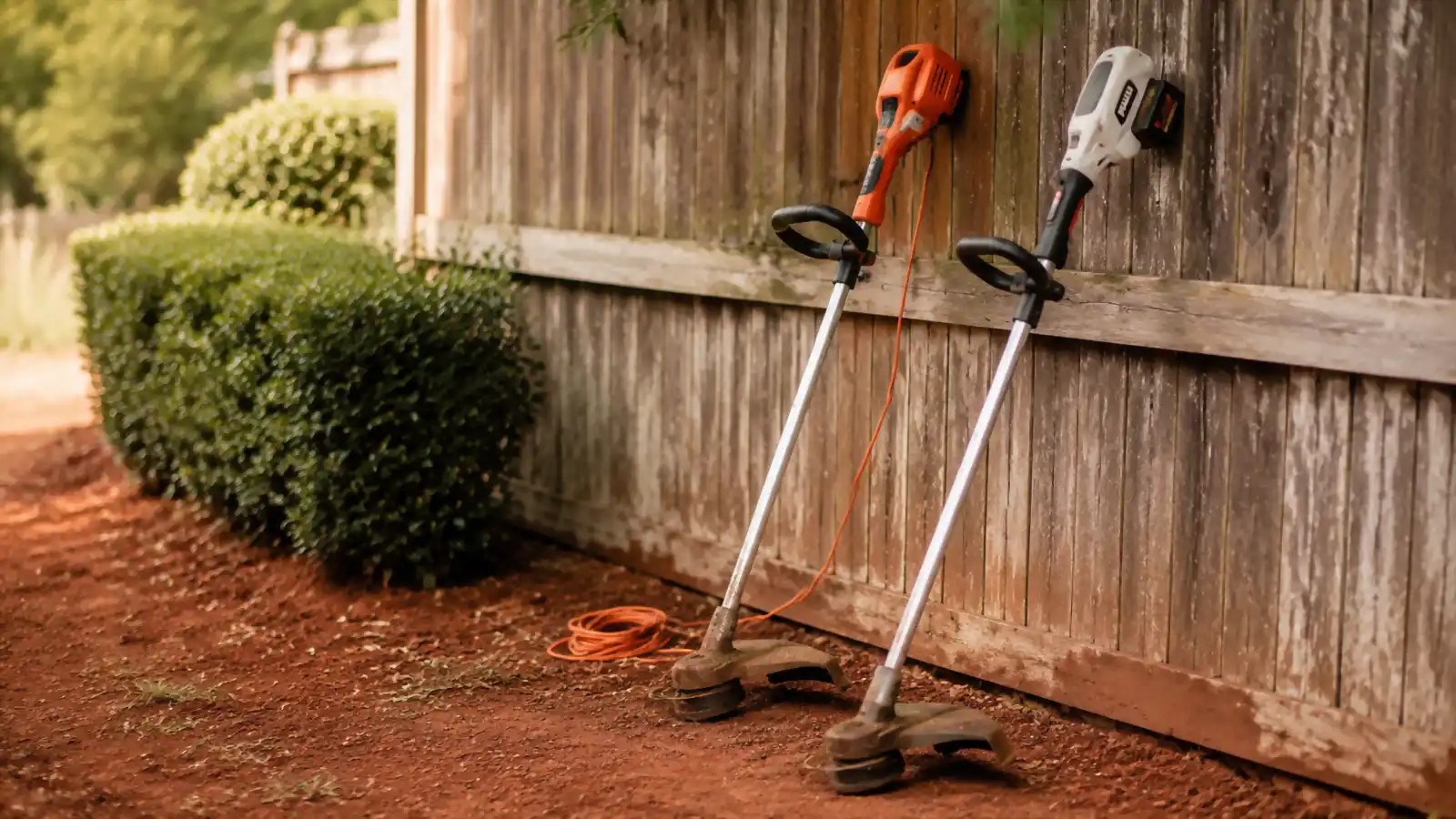 BLACK+DECKER 14-inch string trimmer and a WORX cordless trimmer leaned against a wooden fence side by side