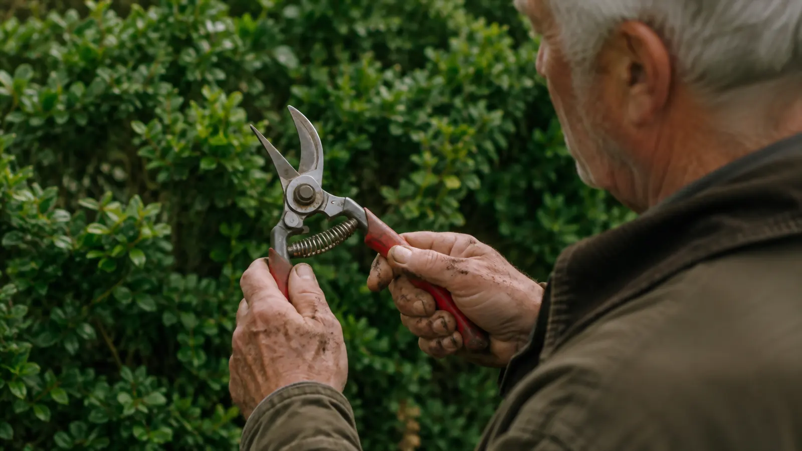 Weathered hands adjusting the handle notch on a Felco F2 pruning shear near a row of boxwoods