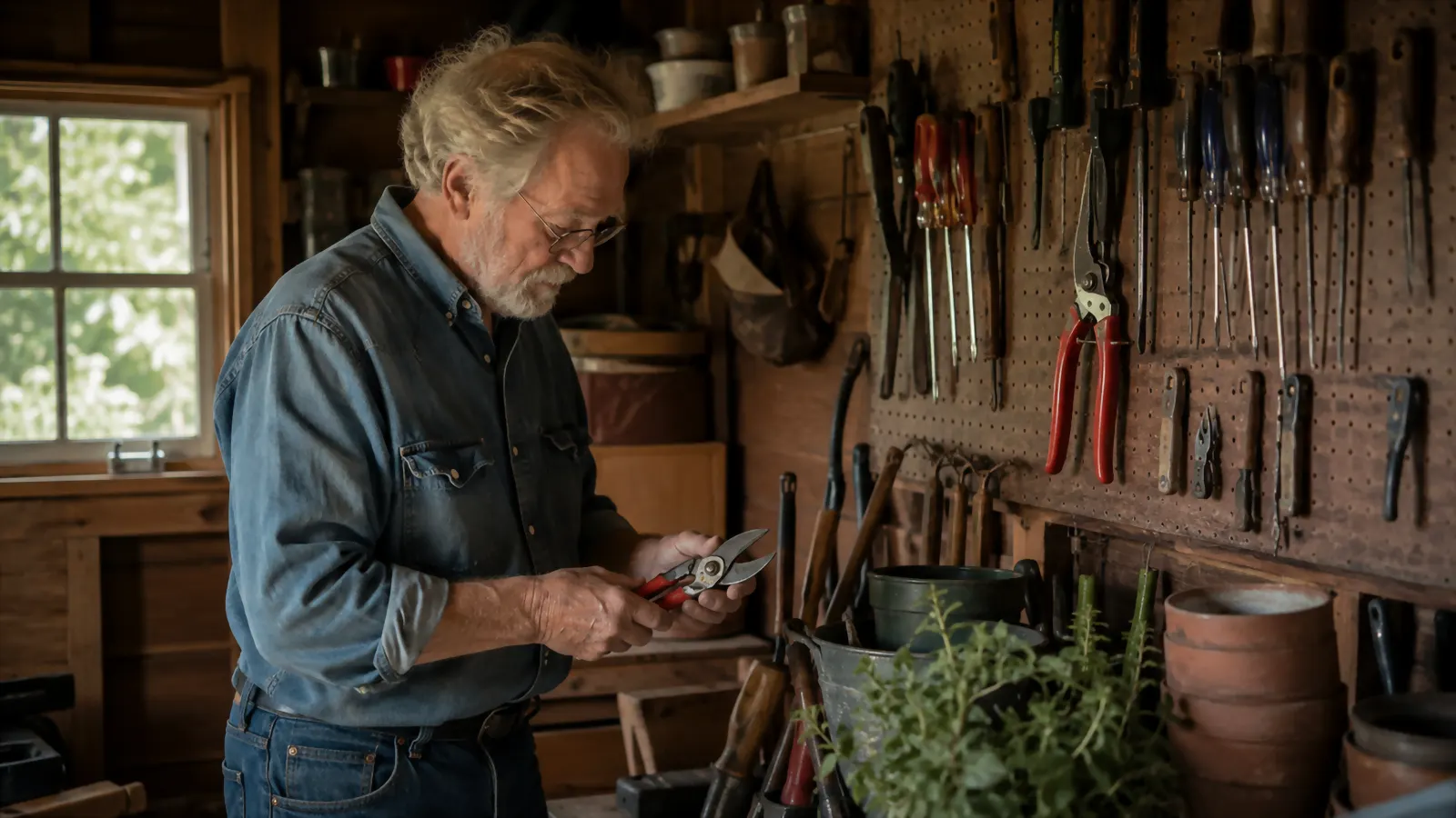 Pegboard wall inside a garden shed with pruning shears and hand tools hanging on hooks