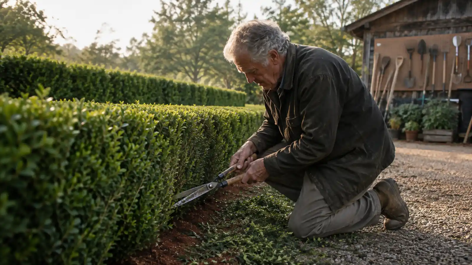 Weathered hands holding Felco F2 pruning shears over a row of boxwoods in a backyard garden
