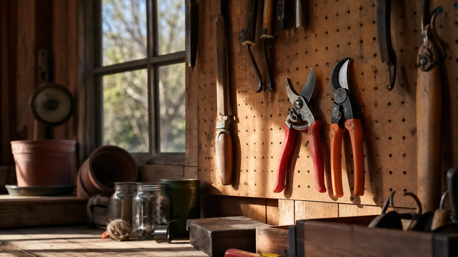 Pegboard wall inside a garden shed with two pairs of pruning shears hanging on separate hooks above a workbench