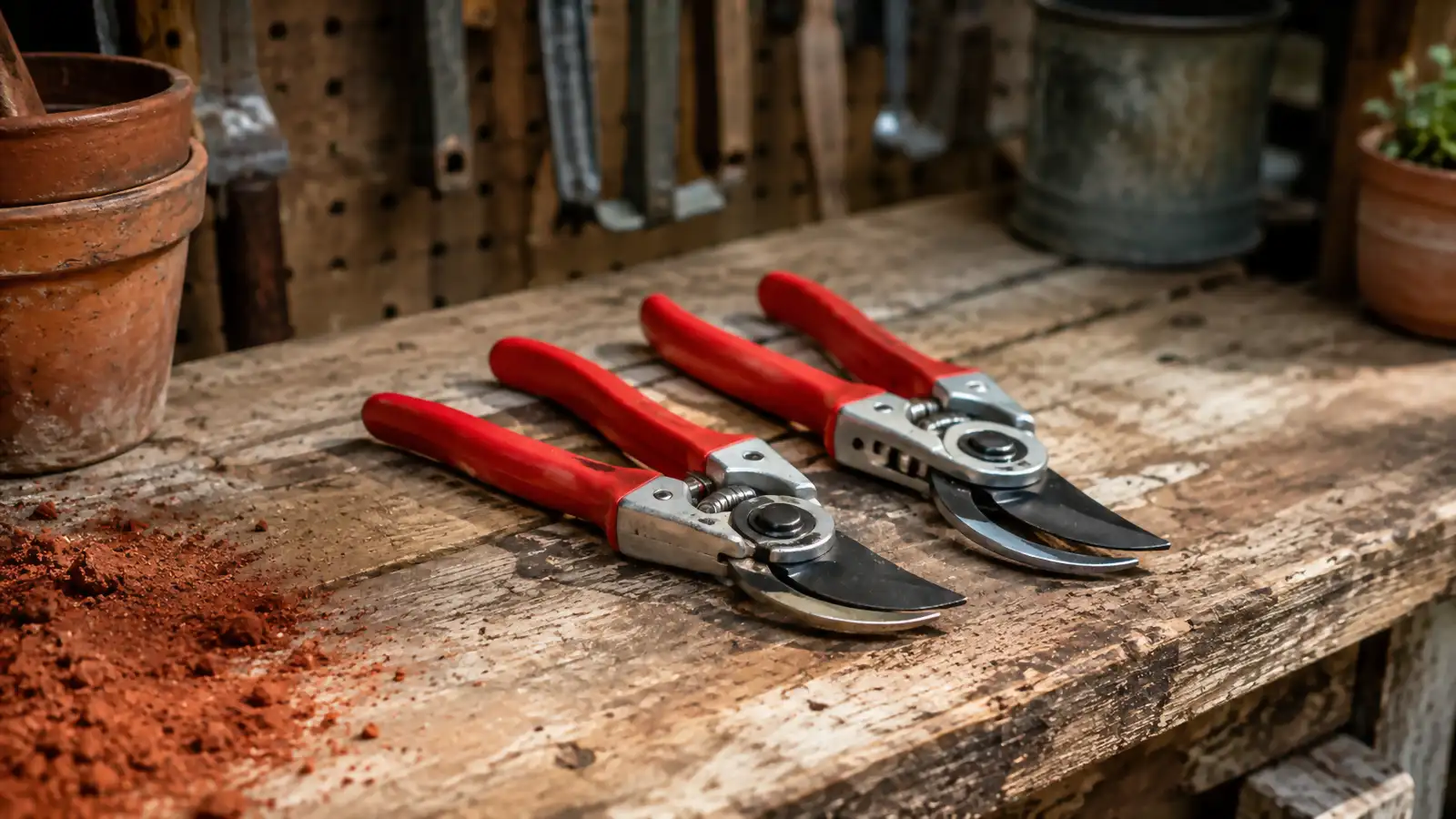 Felco F2 pruning shears and a Fiskars bypass pair laid side by side on a wooden potting bench