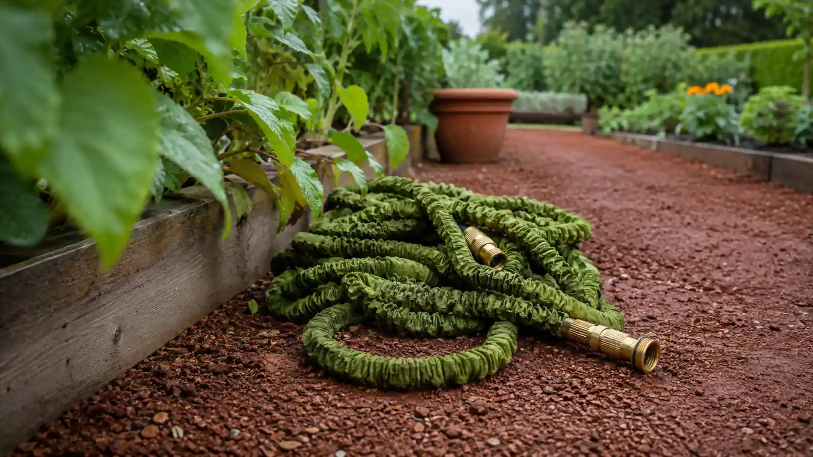 Green Flexi Hose partially collapsed on a garden path with a brass fitting visible in the foreground