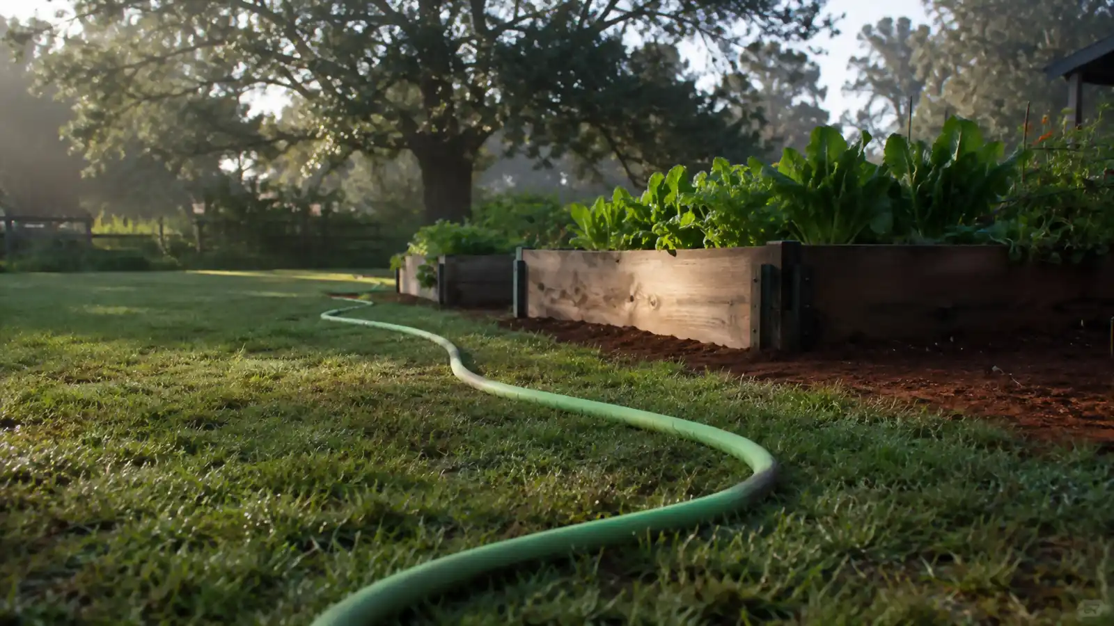 Expanded green Flexi Hose stretched across a backyard lawn toward two raised garden beds
