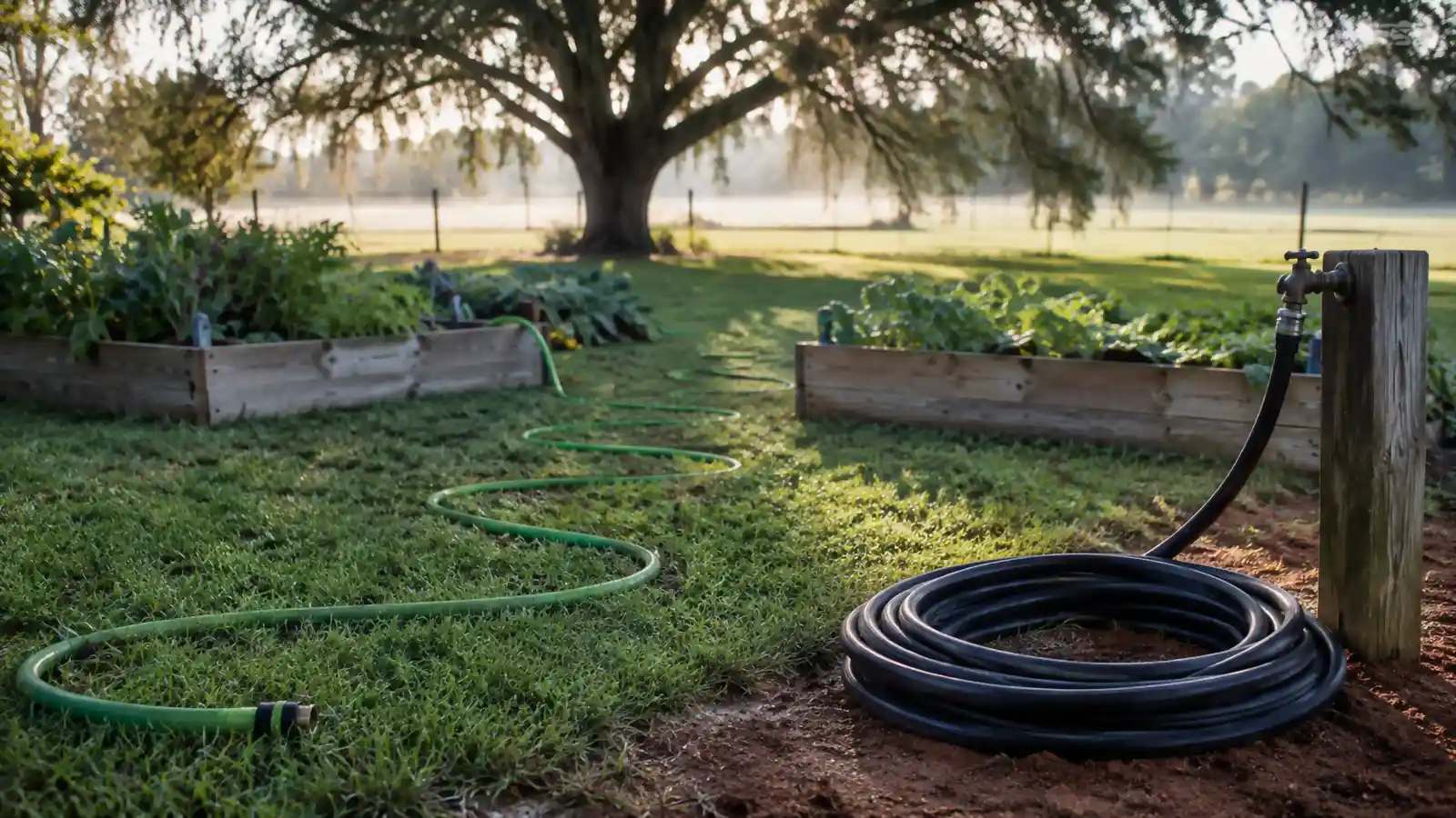 Expanded green Flexi Hose stretched across a backyard lawn toward raised garden beds, with a coiled heavy rubber hose near the spigot for contrast