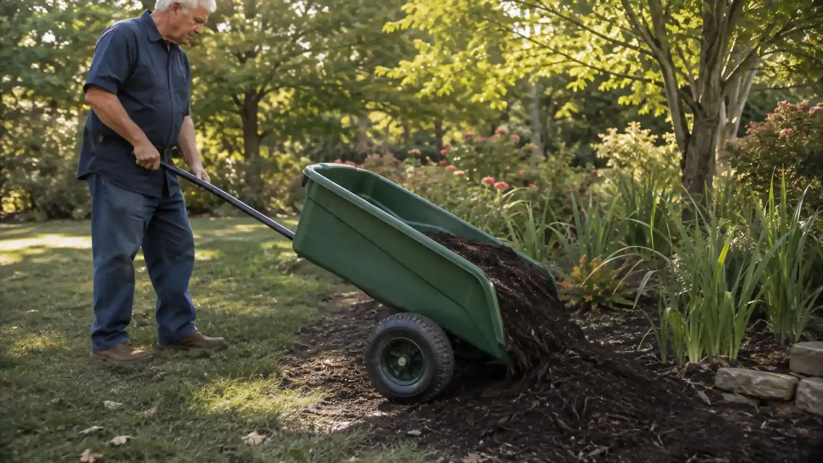Poly dump cart tipped forward with its tailgate open, dumping a pile of mulch onto a garden bed