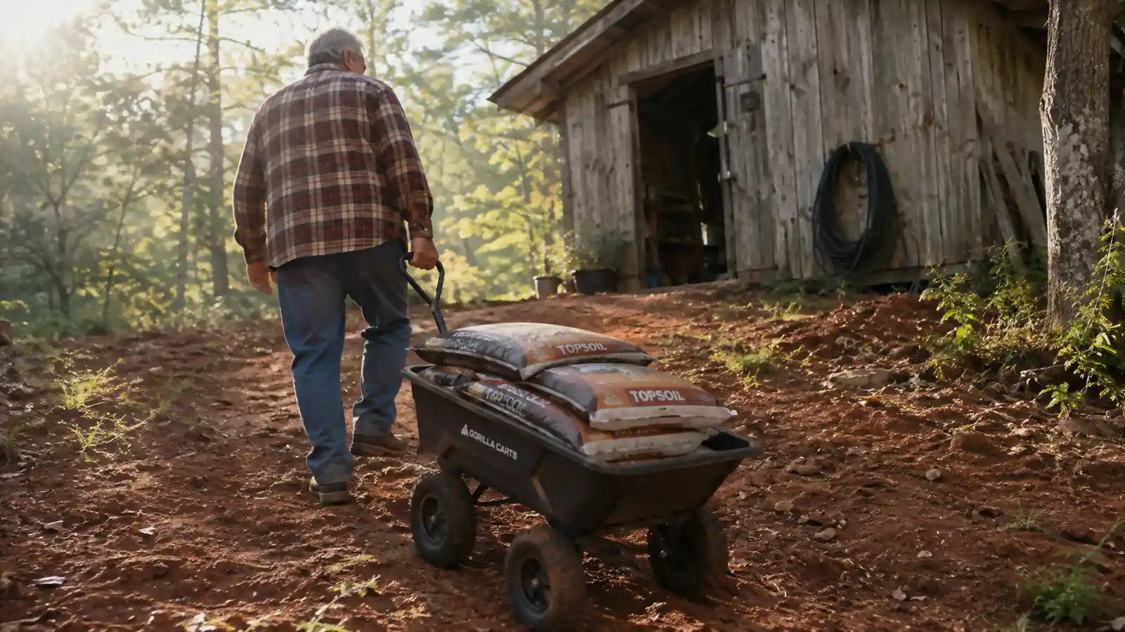 Retired gardener pulling a green poly dump cart up a red clay slope toward a wooden shed