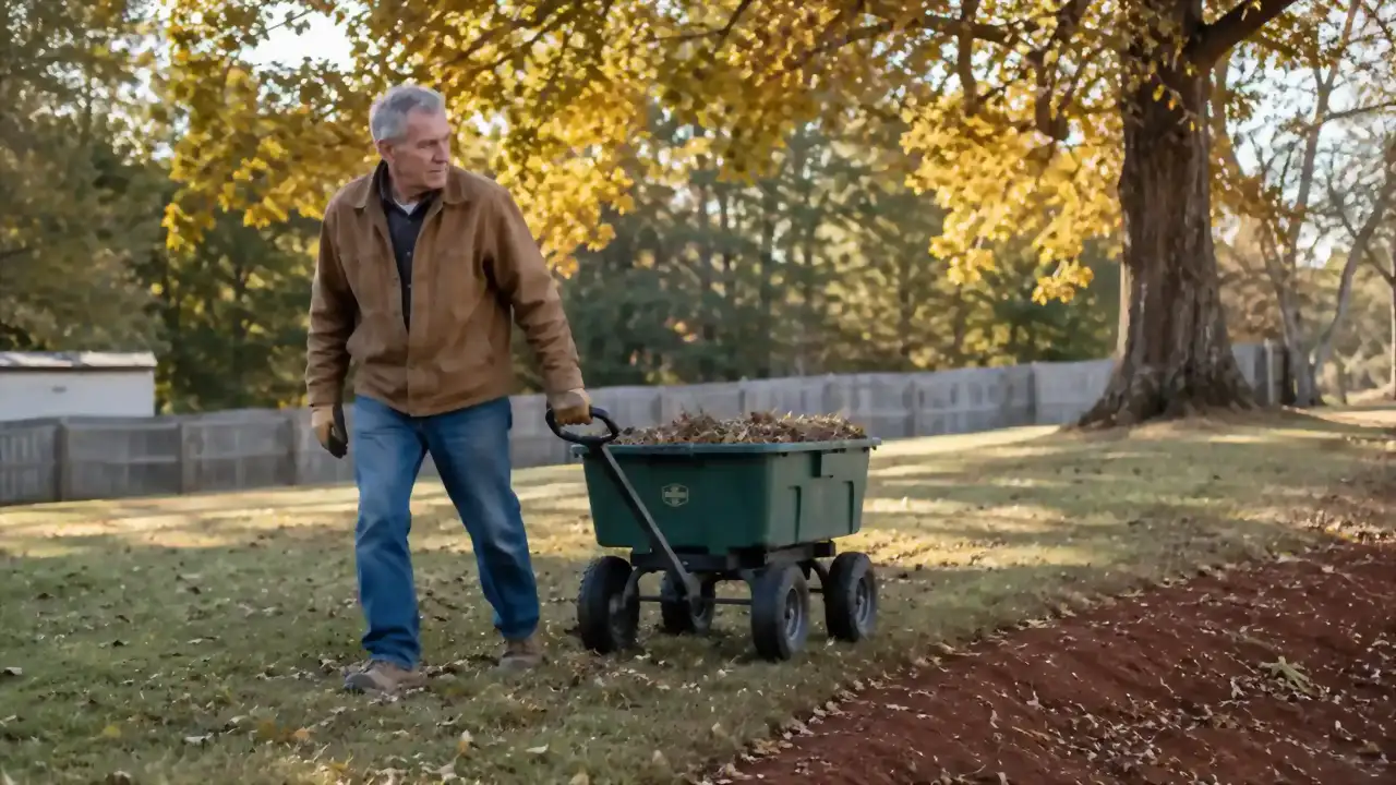 Older man pulling a green Gorilla Carts poly dump cart loaded with fallen leaves across a backyard lawn