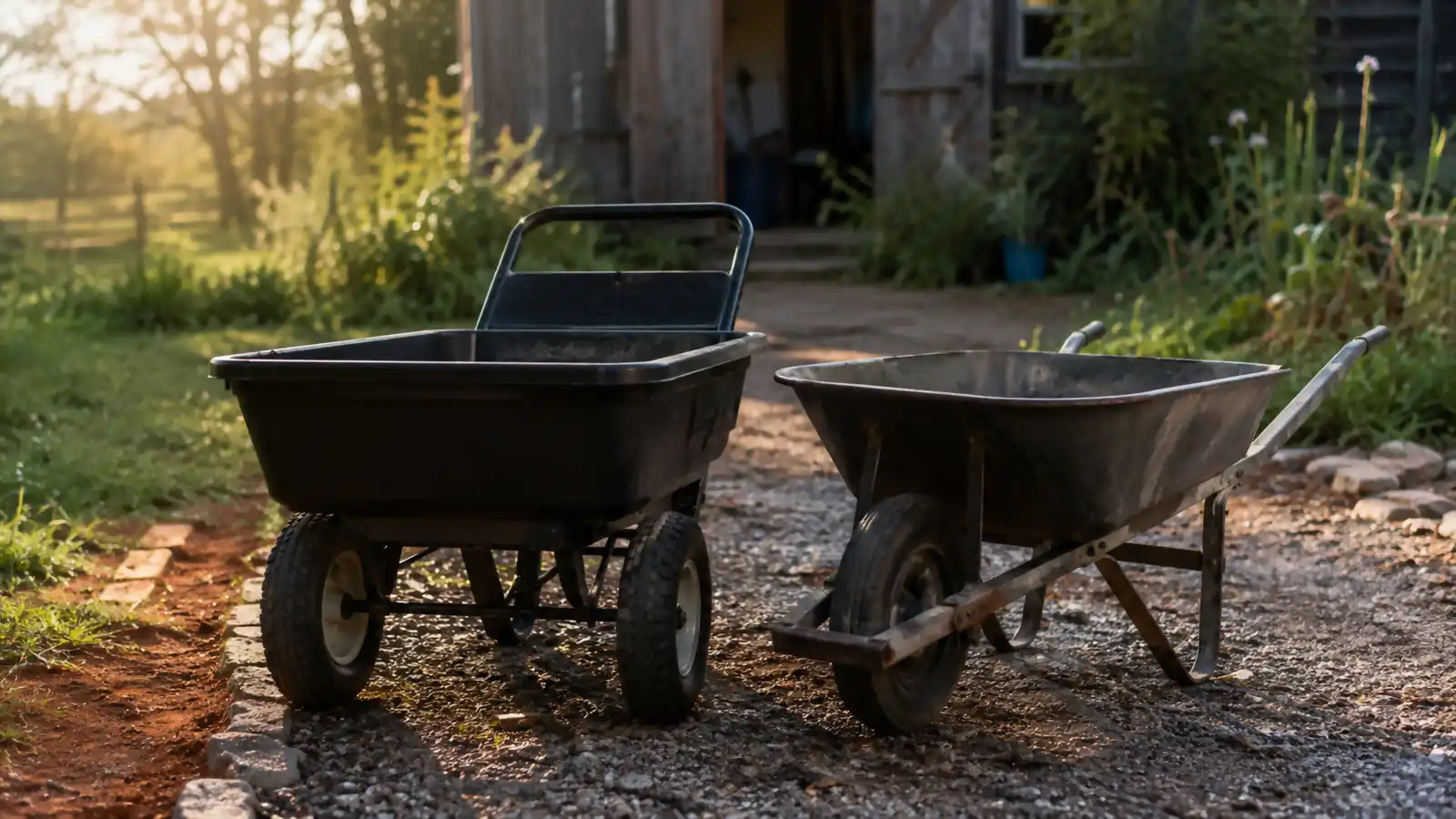 A green Gorilla Carts poly dump cart parked next to a traditional single-wheel wheelbarrow on a gravel path