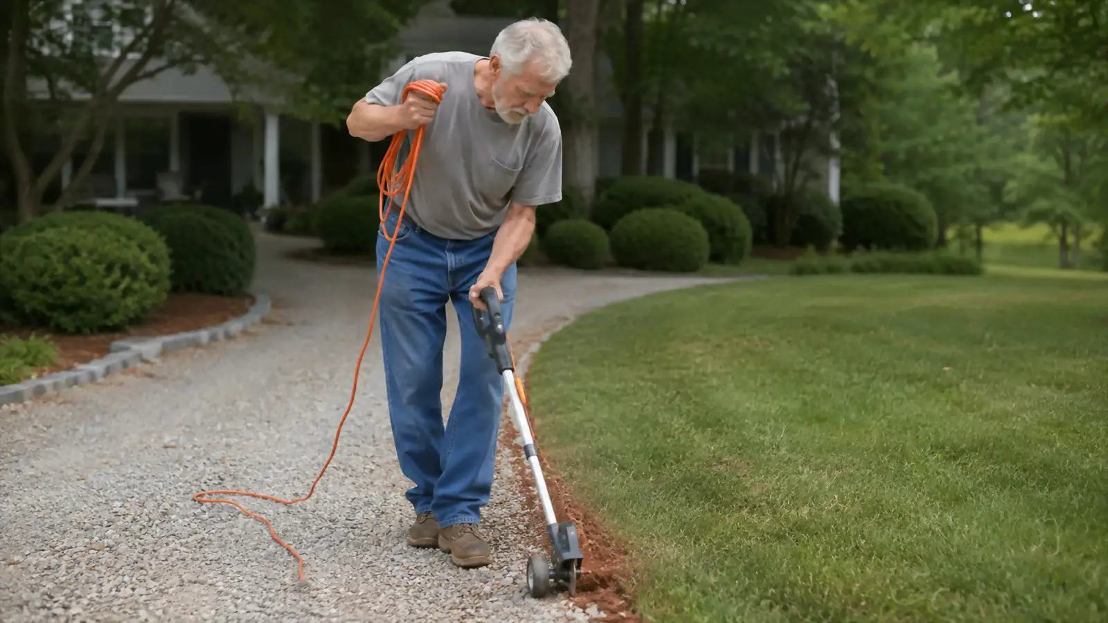 Retired man edging a gravel driveway where it meets the lawn, corded string trimmer in edger position, extension cord trailing behind