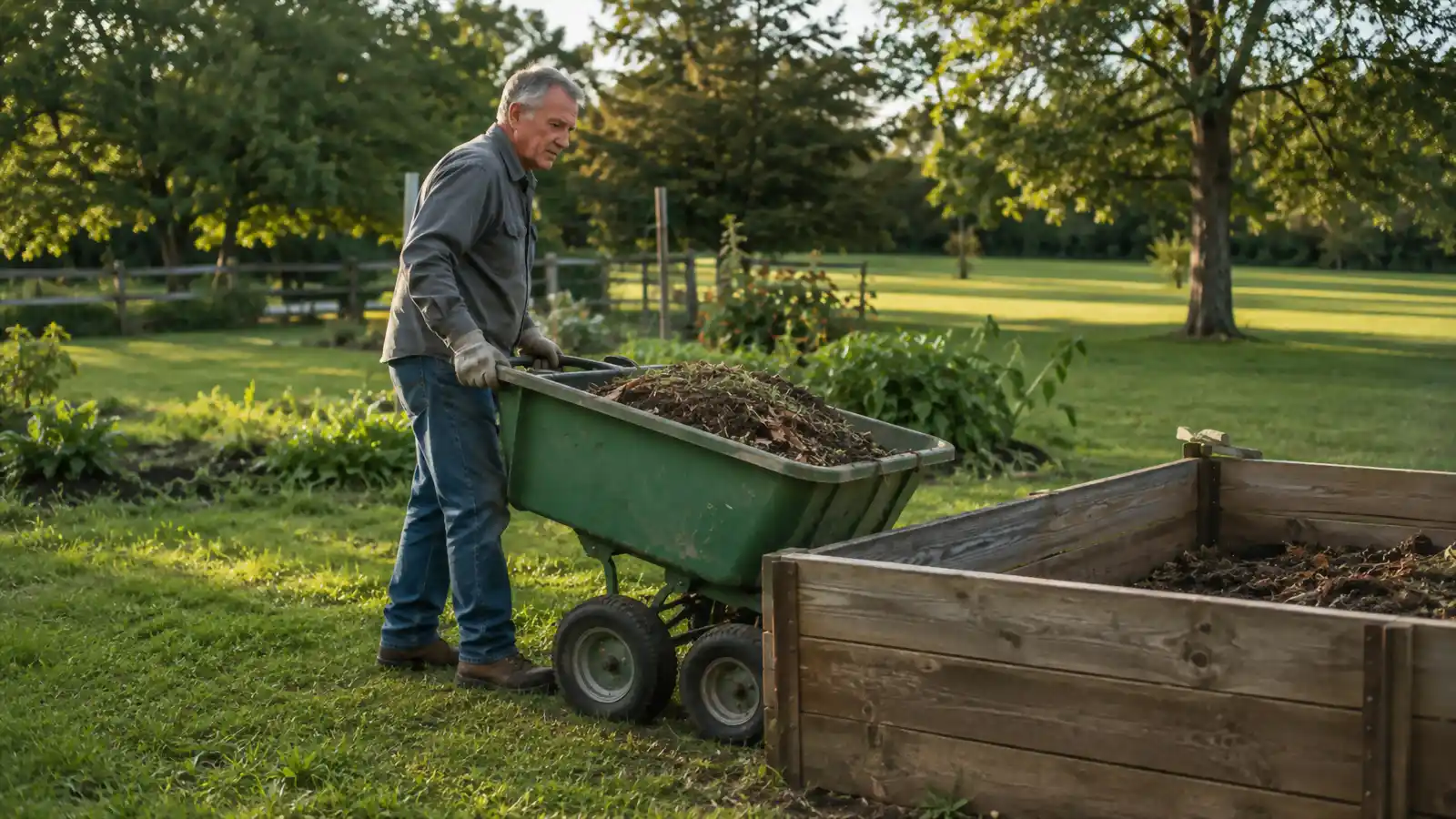 Man backing a loaded dump cart into position beside a raised garden bed before tipping the load