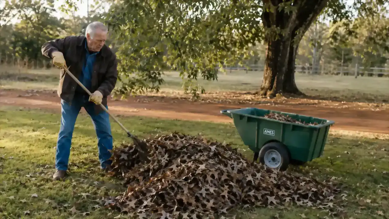 Older man raking a pile of leaves toward a green Gorilla Carts dump cart parked at the edge of the lawn