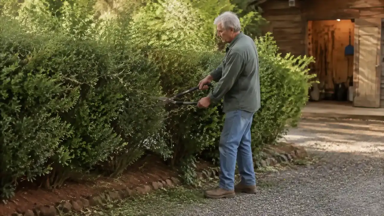Older man using red-handled Felco F2 pruning shears to cut back an overgrown boxwood hedge along a gravel driveway