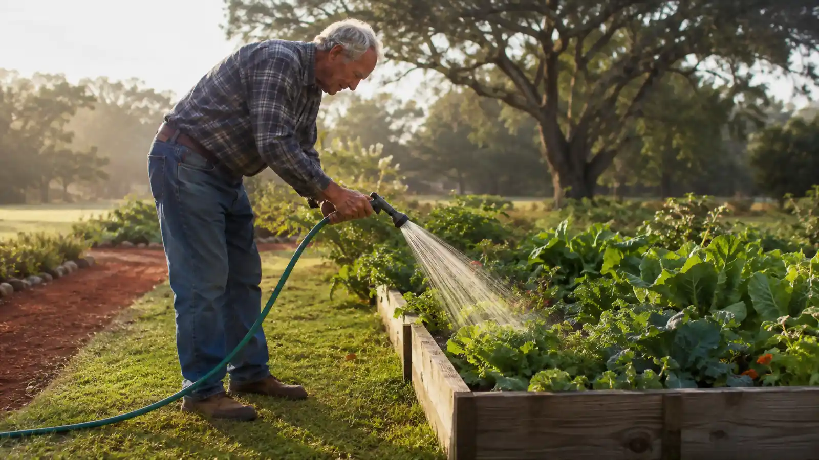 Older man watering a raised garden bed early in the morning with an expanded green Flexi Hose