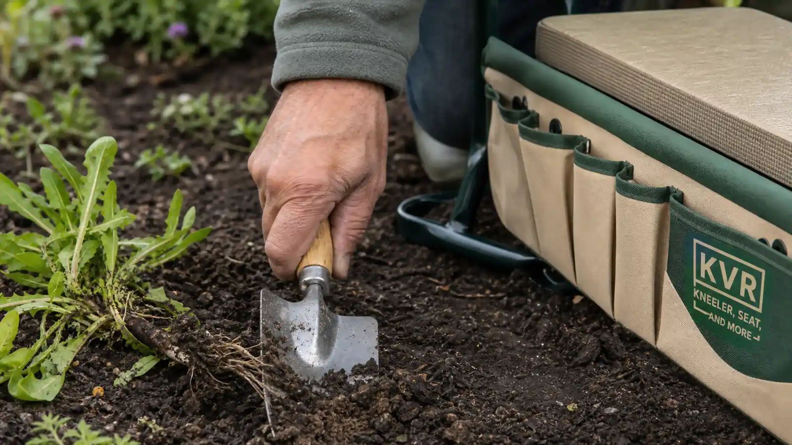 Hand loosening soil with a trowel around a weed root while kneeling on a padded garden kneeler after rain