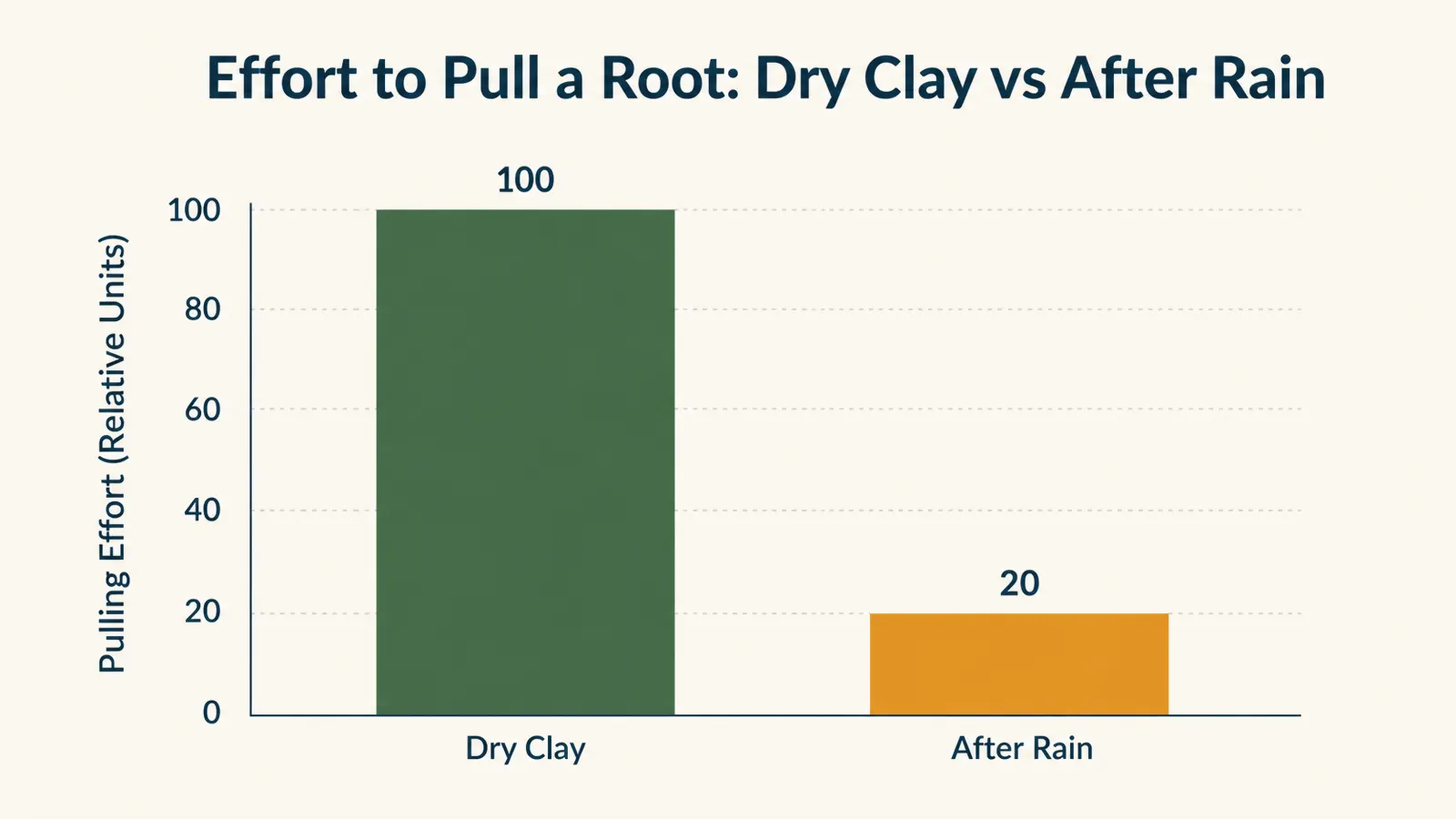 Simple chart comparing effort to pull a weed root in dry clay versus clay weeded shortly after rain