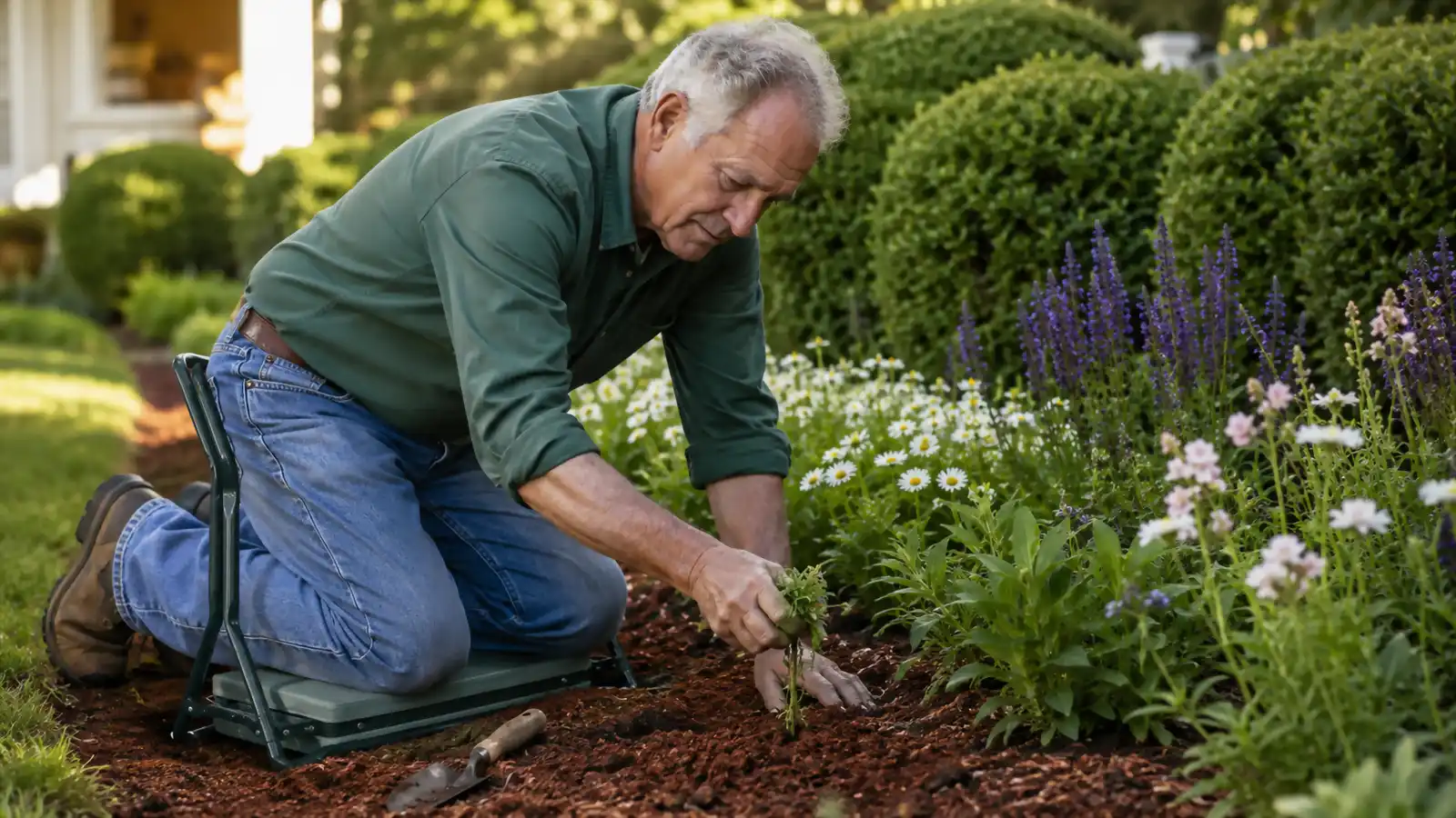 Older man kneeling on a padded garden kneeler pulling weeds from a flower bed in red clay soil