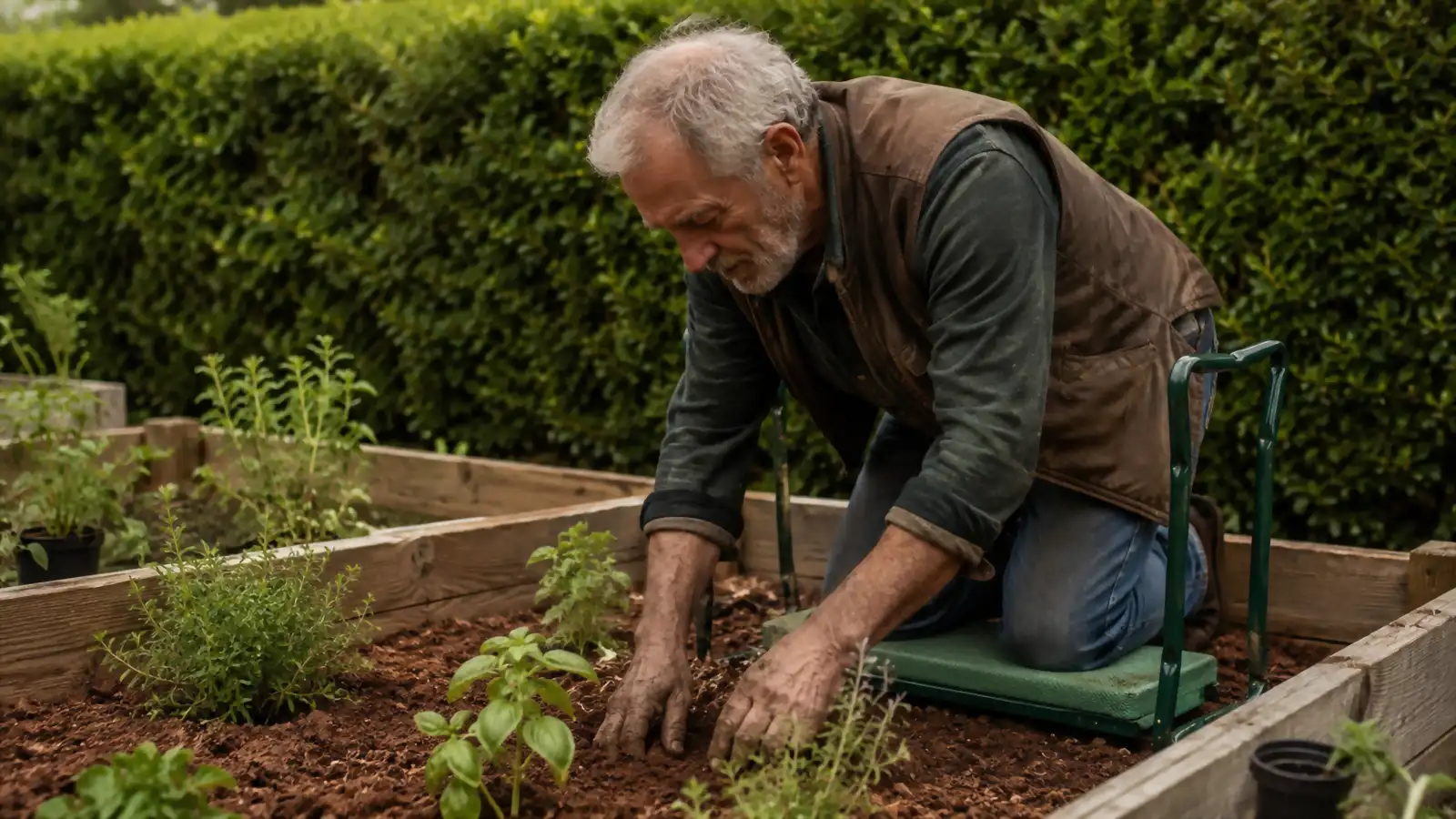 A 71-year-old man kneeling on a padded garden kneeler in a raised bed, red clay soil visible around him