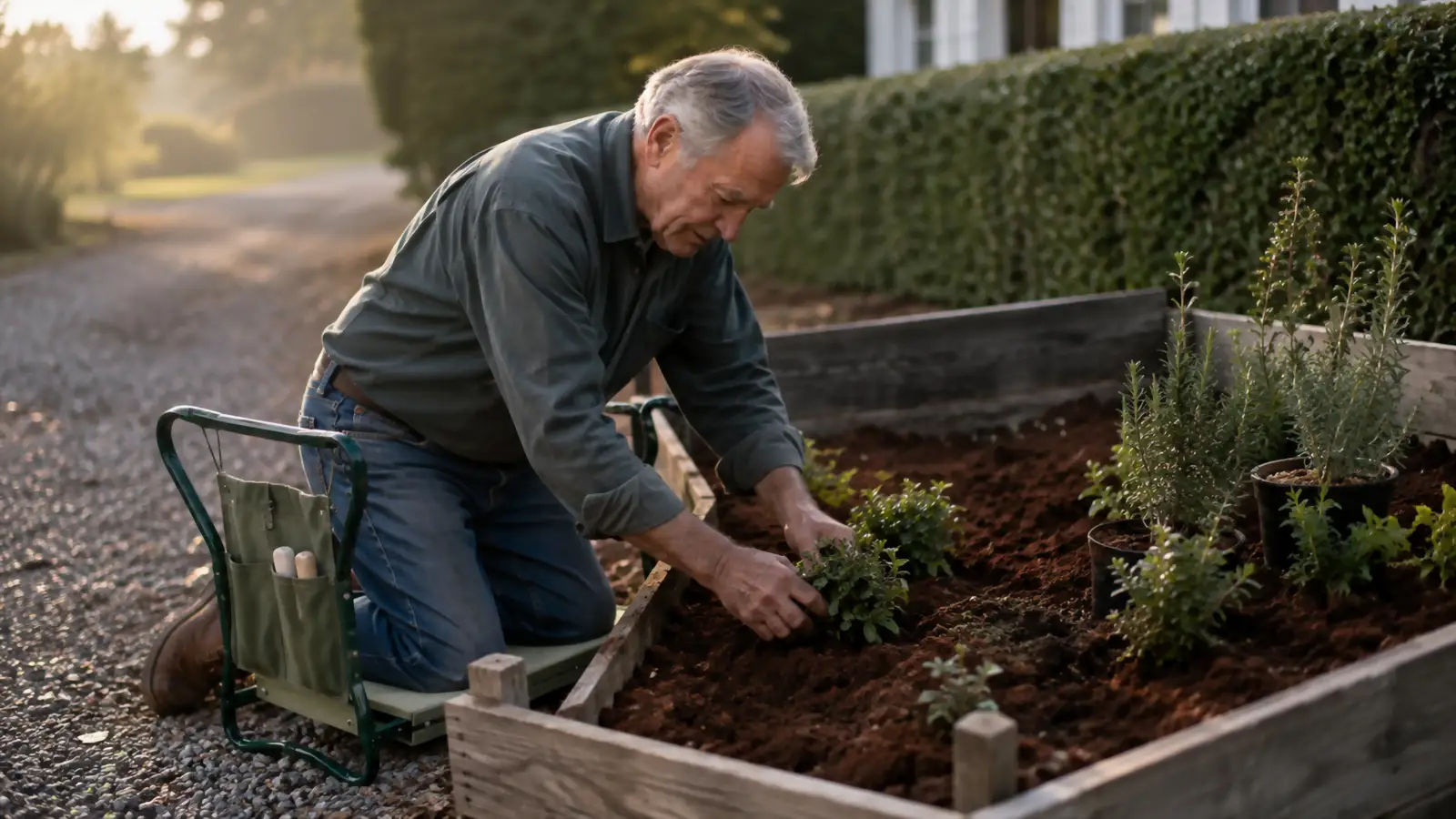 Older man kneeling on a folding garden kneeler pad beside a raised bed in red clay soil