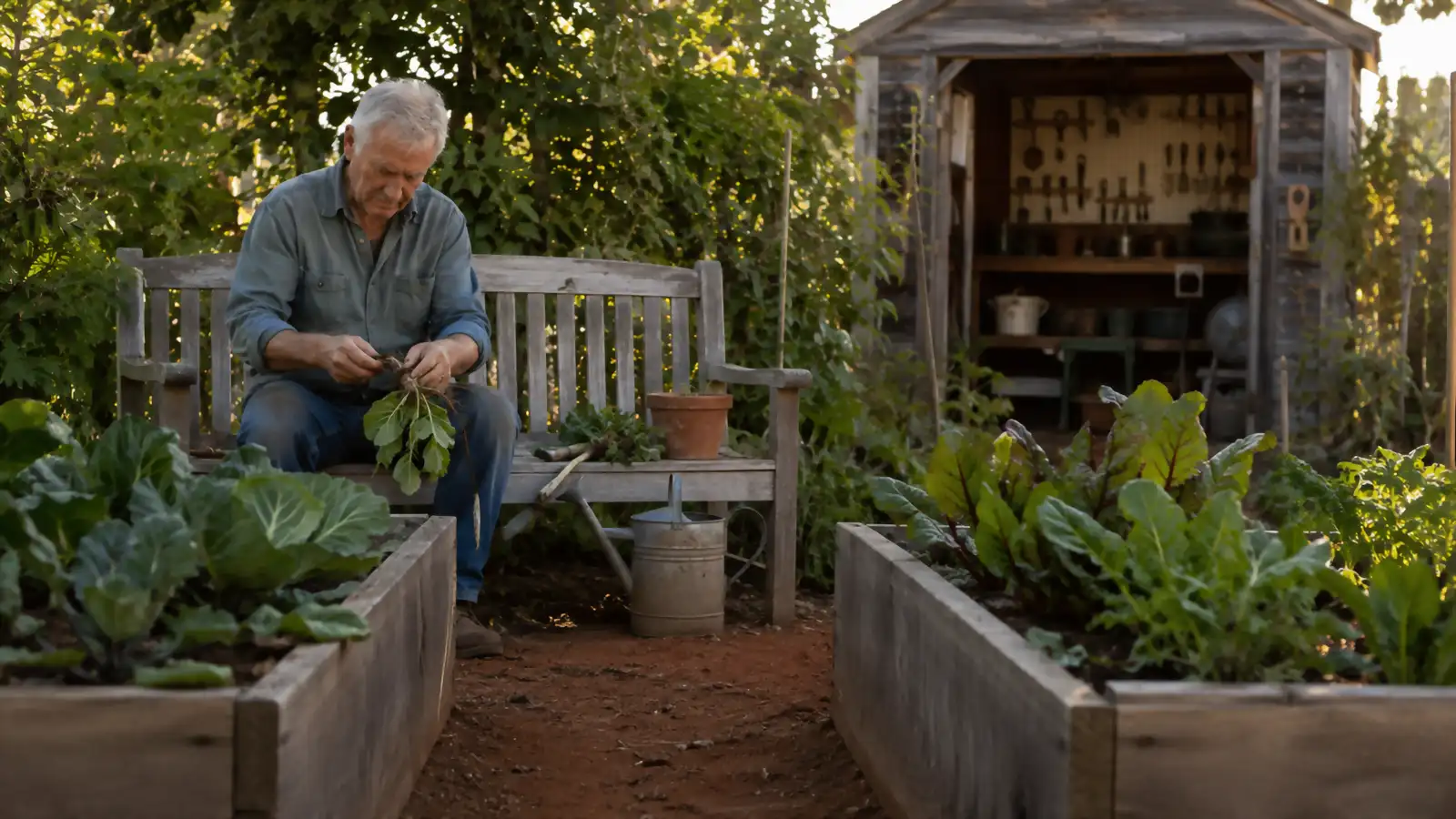 A cedar garden bench gone silvery grey with age, sitting at the head of two raised vegetable beds