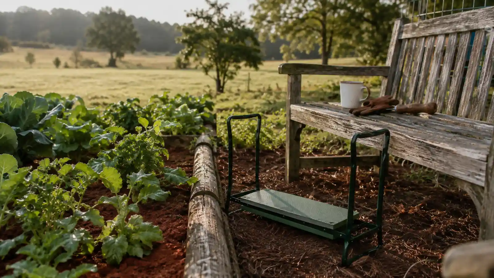 A folded KVR garden kneeler and seat sitting next to a weathered wooden garden bench at the edge of a raised bed