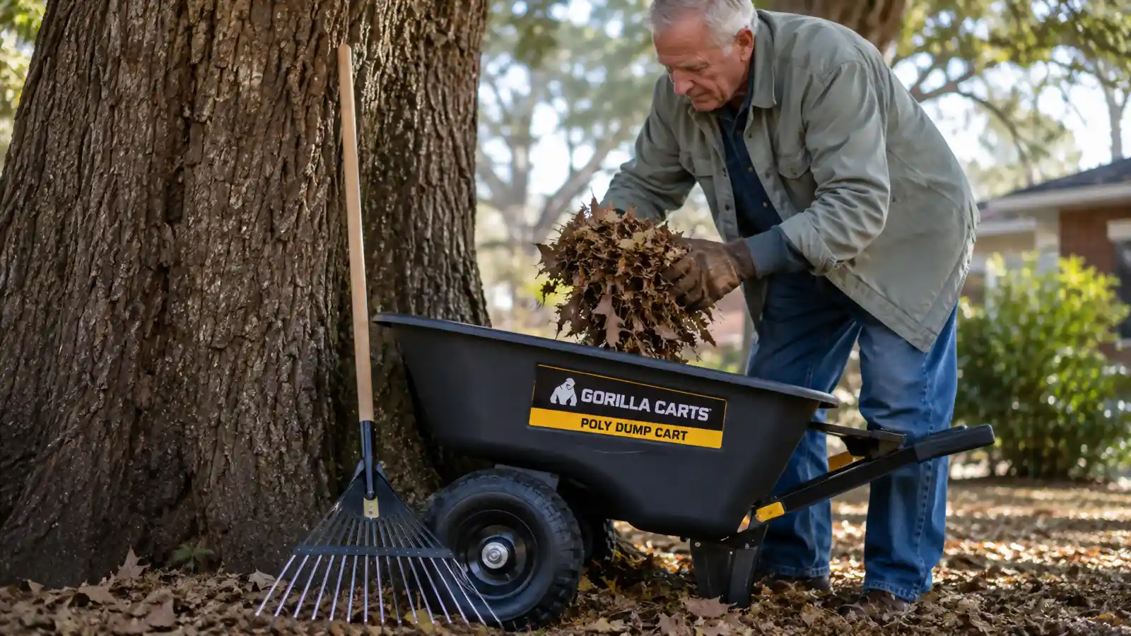 Close-up of a green poly dump cart being loaded with leaves at the base of a large oak tree