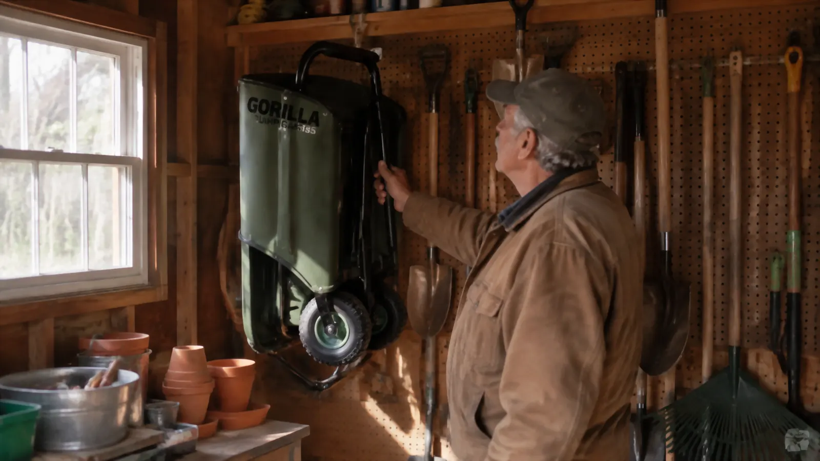 A folded dump cart hanging on a pegboard wall inside a small garden shed
