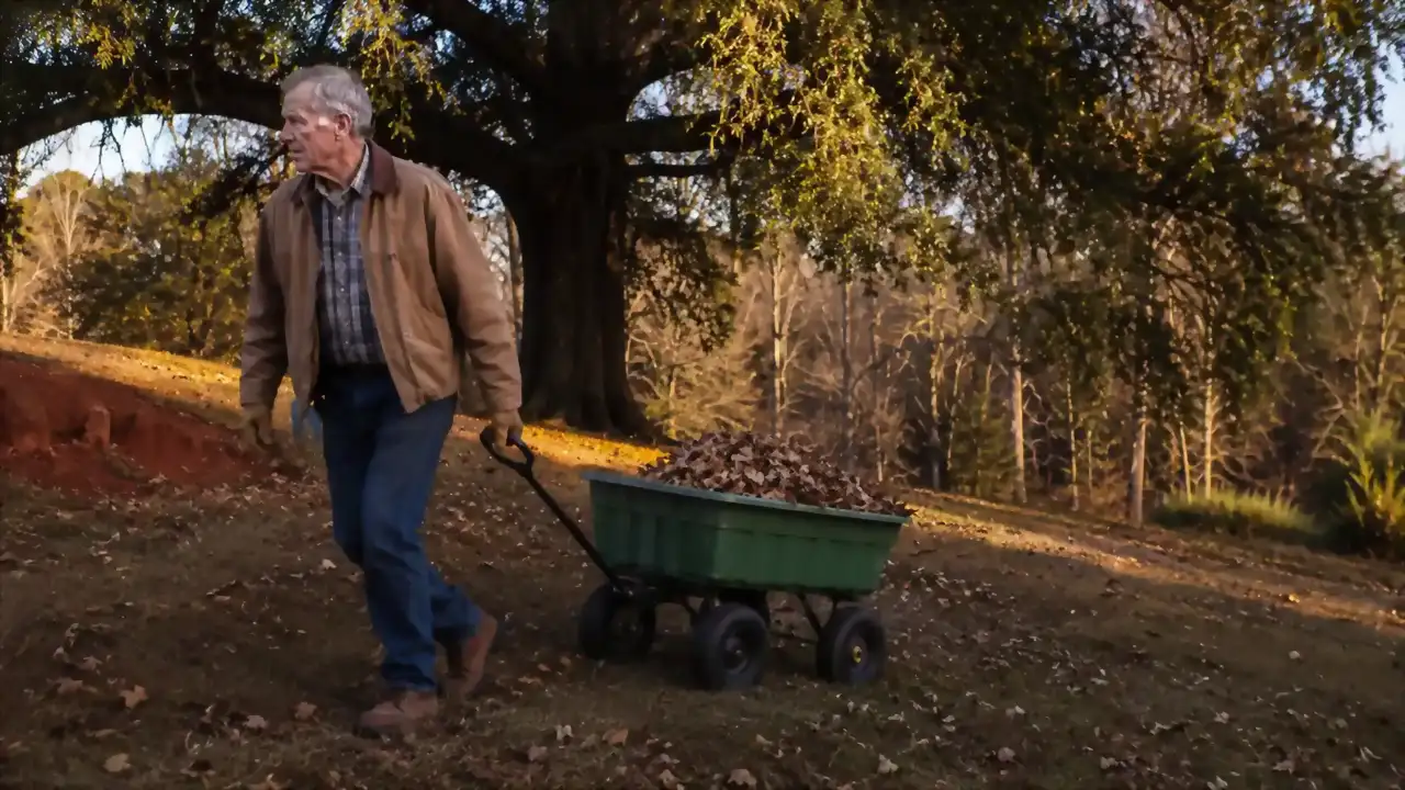 An older man pulling a loaded green poly dump cart across a sloped backyard beneath a large willow oak dropping leaves