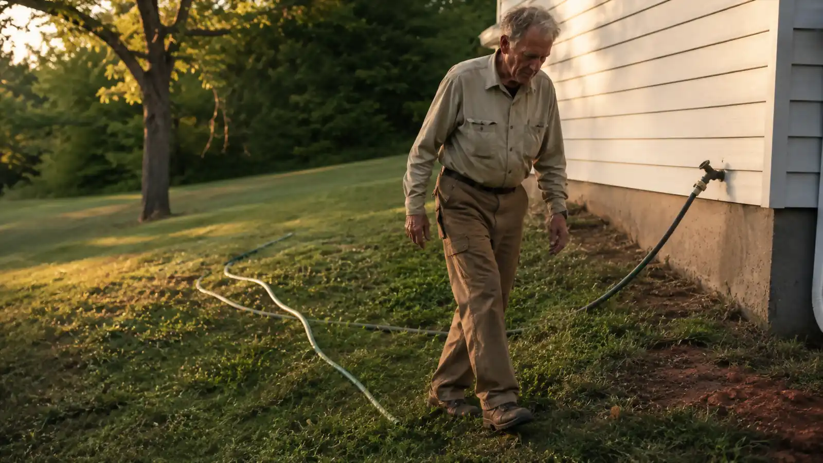 An older man walking back toward an outdoor spigot to straighten a kinked garden hose in a sloped backyard