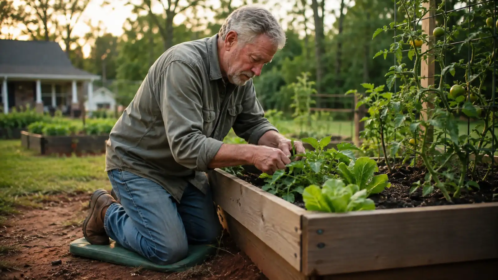 An older man kneeling beside a raised garden bed on a folded kneeling pad, morning light across a half-acre backyard