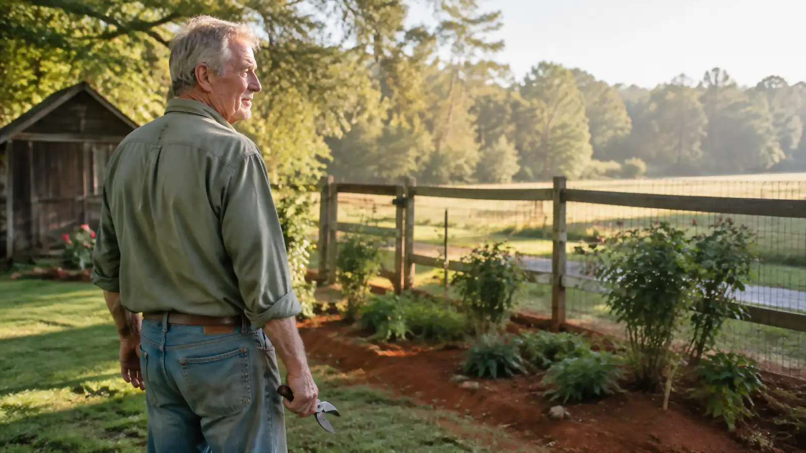 An older man in a flannel shirt standing at the edge of a backyard garden bed in soft morning light, holding a pair of red-handled pruning shears