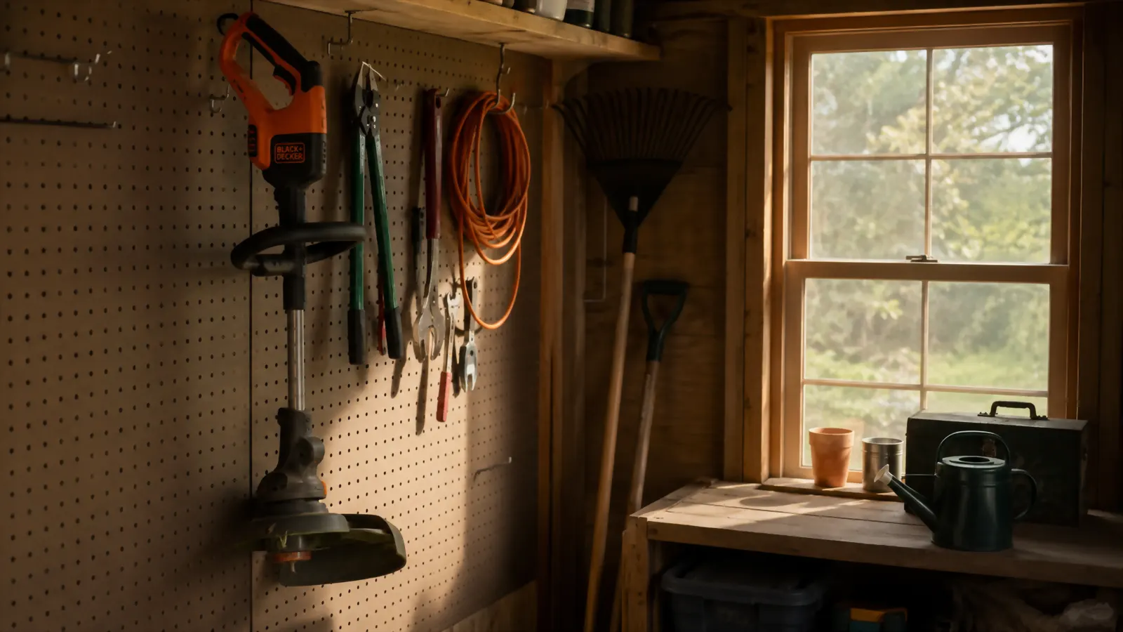 A string trimmer hanging on a hook on a pegboard wall inside a small garden shed