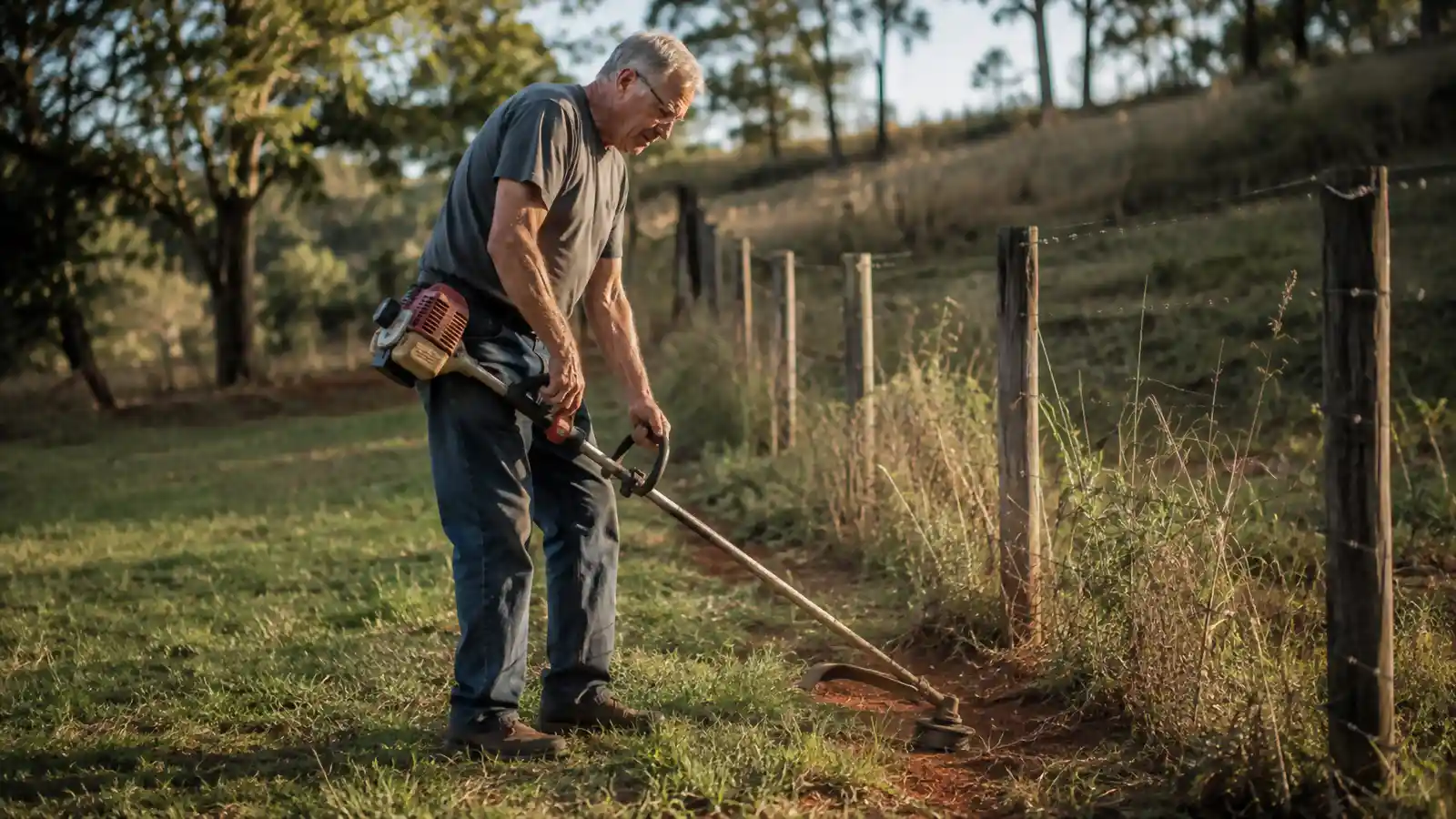 An older man trimming tall grass along a wire fence at the back of a sloped backyard in early evening light